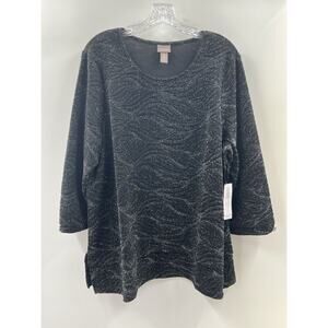 Chico’s Women’s 3/4 Sleeve Jacquard Textured Scoop Top Black Silver 3 16/18 NWT